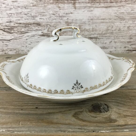 Covered Butter Dish and Strainer Victoria Austria Gold Trim Scalloped Handles - Picture 2 of 10